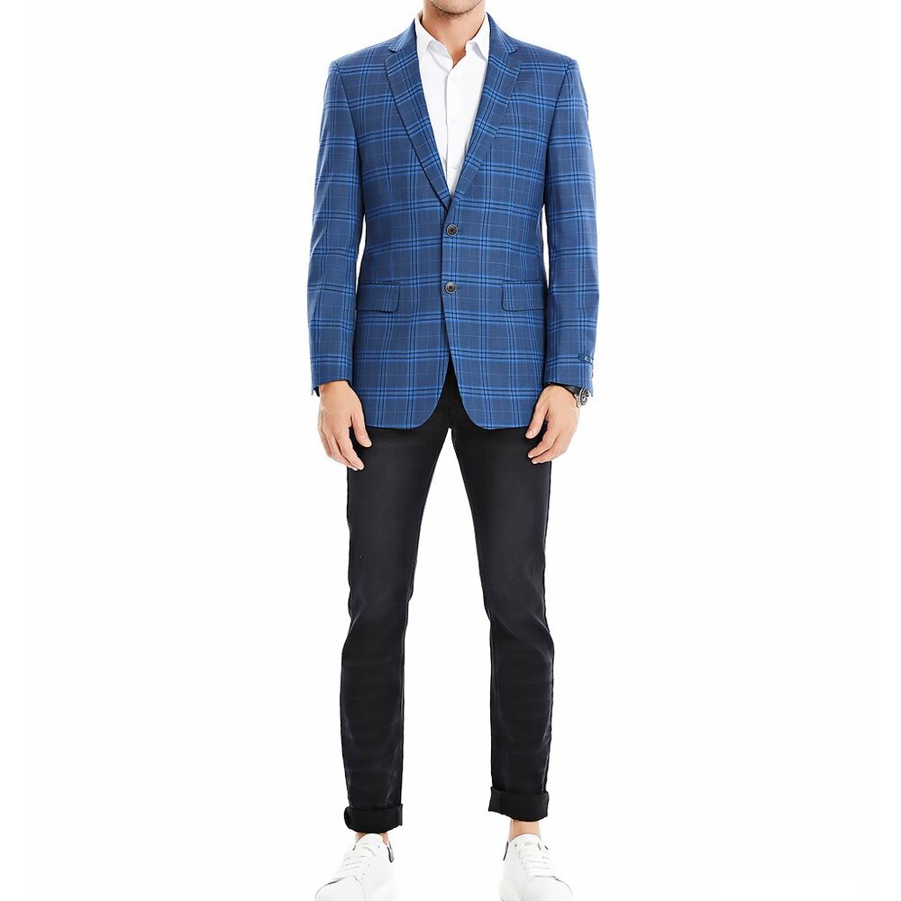 Dark Blue Plaid Notch Lapel Men's Jacket